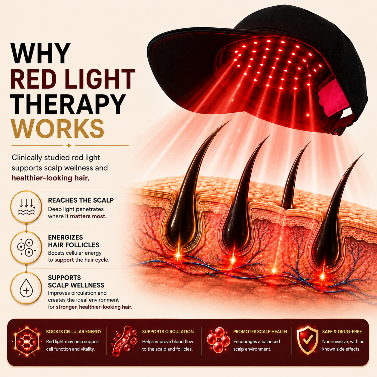 Red and blue light vibration Therapy Cap for Hair Growth | Stop Hair Fall & Reactivate Dormant Follicles| Wireless & Discreet| Auto Session, No Side Effects & Drug-Free| LED Technology hair-root Regeneration