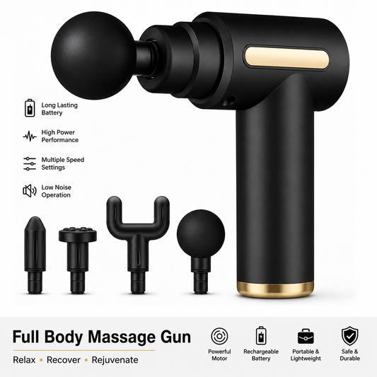 Full Body Massage Gun – Deep Tissue Muscle Massager with 4 Heads | Rechargeable & Portable