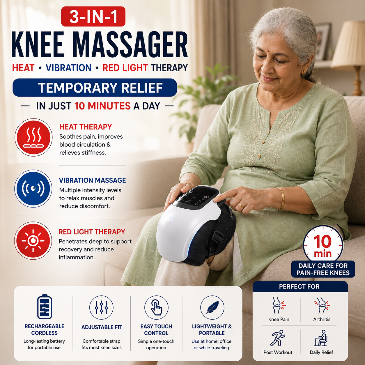 3-in-1 Knee Massager with Heat, Vibration & Red Light Therapy | Rechargeable Knee Pain Relief Massager for Joint Pain & Arthritis