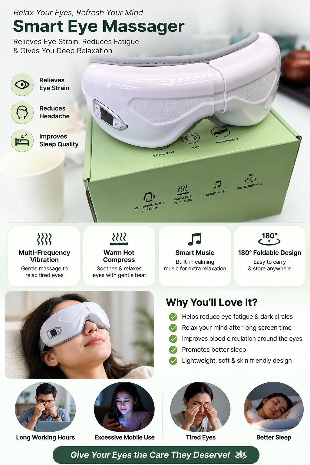 Eye Massager - 1 Year Warranty - Heat Compression - Air Pressure - Vibration Massage - Bluetooth Speakers - Rechargeable - Eye Relaxation - Improve Sleep - Foldable & Portable