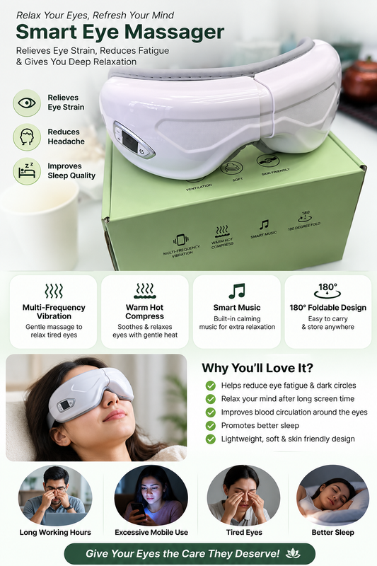 Eye Massager - 1 Year Warranty - Heat Compression - Air Pressure - Vibration Massage - Bluetooth Speakers - Rechargeable - Eye Relaxation - Improve Sleep - Foldable & Portable