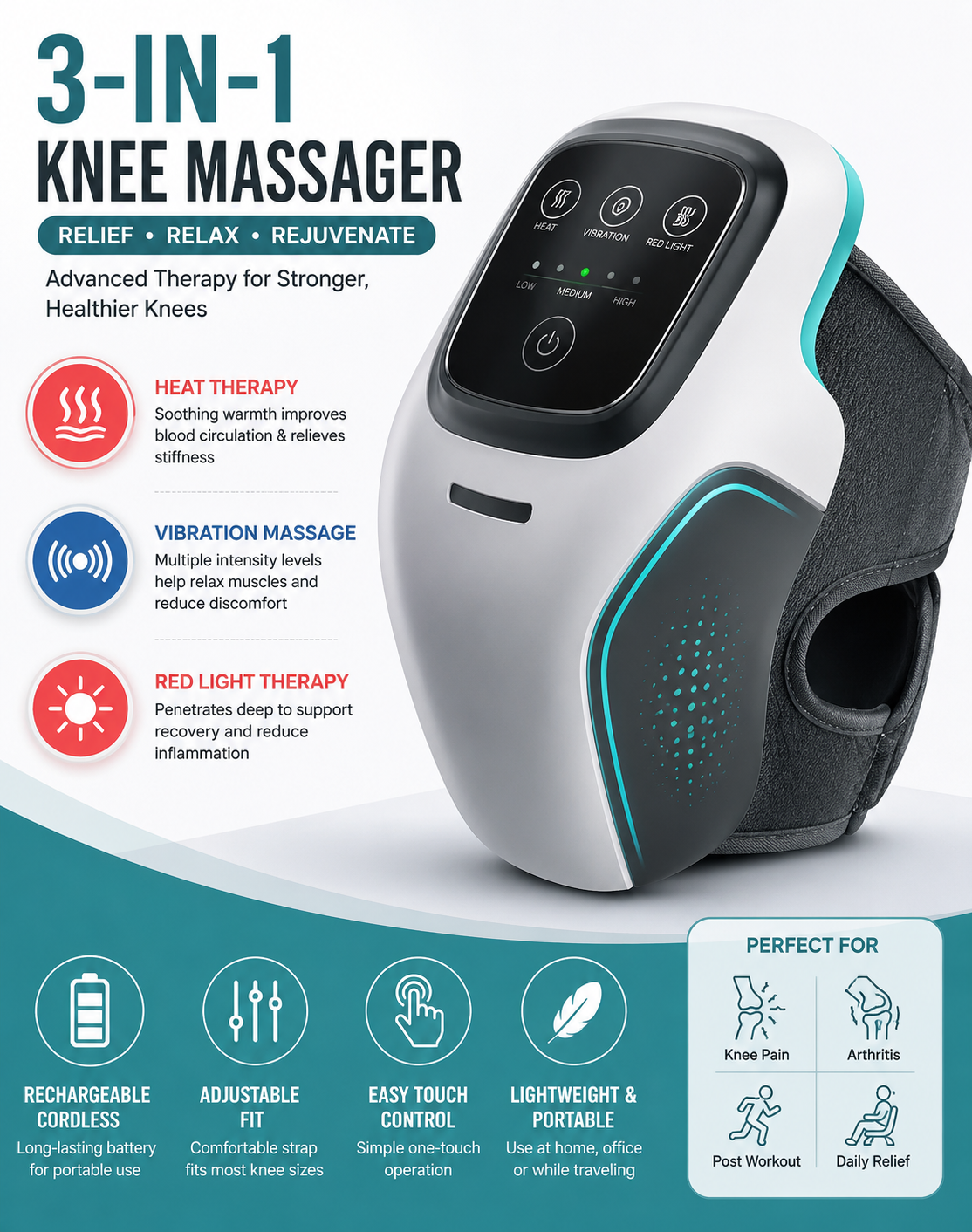 3-in-1 Knee Massager with Heat, Vibration & Red Light Therapy | Rechargeable Knee Pain Relief Massager for Joint Pain & Arthritis